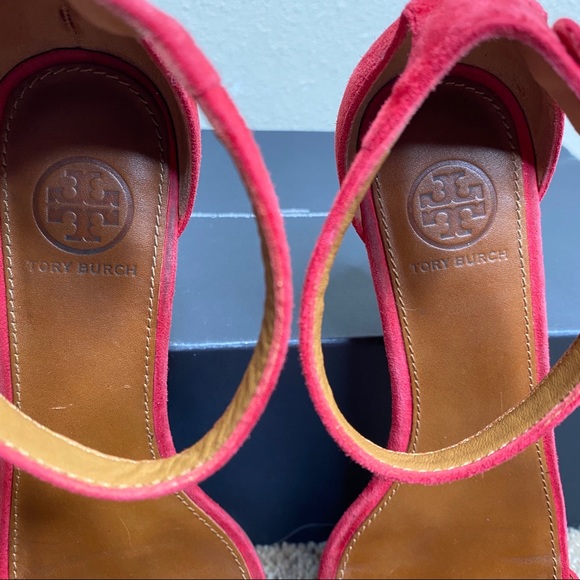 Tory Burch Savannah Wedge Red Suede Sandal Size 8 - Picture 9 of 10